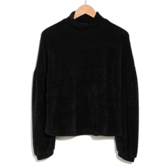 SANCTUARY Eyelash Knit Sweater Balloon Sleeves Black Popover Mock Neck‎ Women XL - Picture 1 of 7